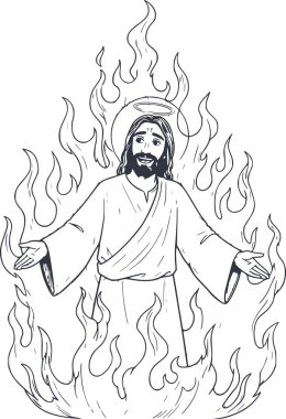 İsa 'nın el çizimi. Etrafı siyah çizgilerle çevrili ilahi alevlerle çevrili ve çok yönlü tasarım için beyaz dolgular yok.