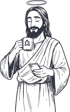 İsa 'nın el çizimi bir kahve fincanı tutarken ve bir akıllı telefonu kontrol ederken, kolay düzenleme için beyaz dolgu olmadan ve çizgi sanatı için koyu mavimsi dolgular yaparken.