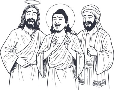 İsa ve Peygamber Muhammed 'in el çizimi tasviri beyaz olmadan gülerken şeffaf bir görünüm için koyu mavimsi dolgu kullanırlar.