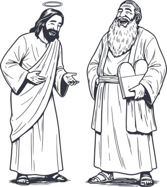 İsa ve Musa 'nın el çizimi, on Emir tabletini tutarken birlikte gülüşlerini gösteriyor. Siyah mürekkep şeklinde, kolay düzenleme için beyaz dolgu yok.