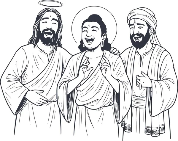 İsa ve Peygamber Muhammed 'in el çizimi tasviri beyaz olmadan gülerken şeffaf bir görünüm için koyu mavimsi dolgu kullanırlar.