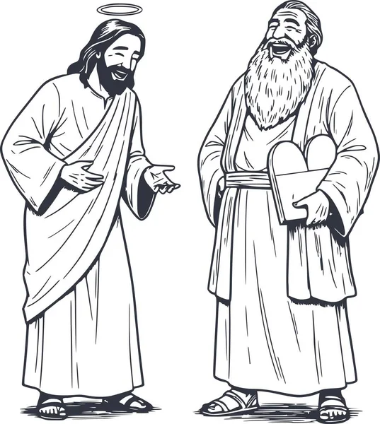 İsa ve Musa 'nın el çizimi, on Emir tabletini tutarken birlikte gülüşlerini gösteriyor. Siyah mürekkep şeklinde, kolay düzenleme için beyaz dolgu yok.