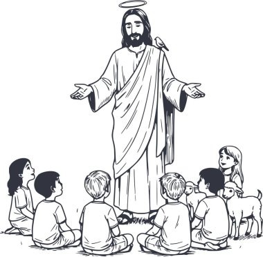 İsa 'nın bir grup çocuğa ve hayvana resim çizdirdiğini gösteren dini bir çizim. Renk ve tasarım için beyaz dolgu yok.