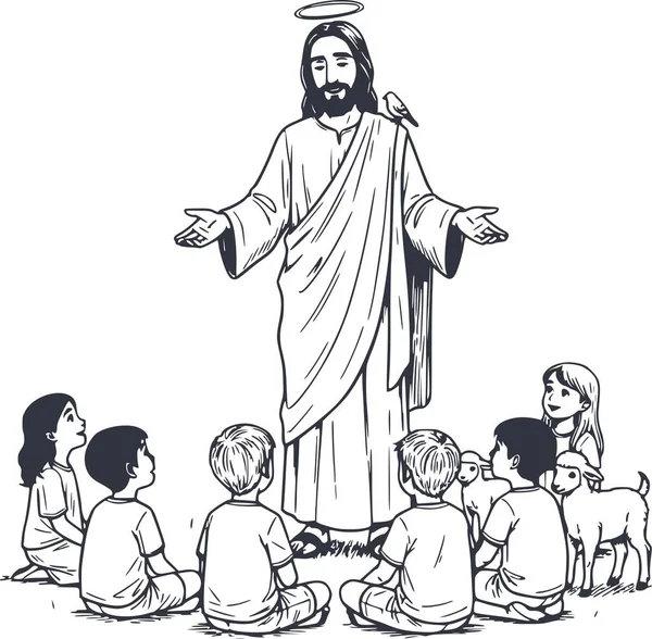 İsa 'nın bir grup çocuğa ve hayvana resim çizdirdiğini gösteren dini bir çizim. Renk ve tasarım için beyaz dolgu yok.