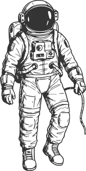Siyah mürekkep dolgulu detaylı bir uzay elbisesi içinde profesyonel el çizimi astronot çizimi ve kolay düzenleme ve yüksek kontrast tasarımı için beyaz arka plan dolguları yok