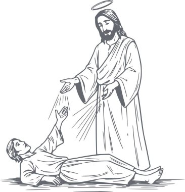 İsa Mesih 'in beyaz dolgu ve siyah çizgi sanat sembolü olmadan yeniden diriliş mucizesi gerçekleştirdiği el çizimi.