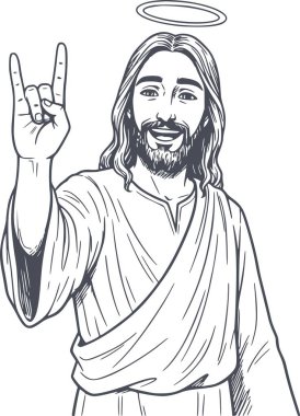 İsa 'nın el çizimi haleli hali rock' n roll işareti yapıyor, siyah çizgiler beyaz arkaplan doldurmuyor.