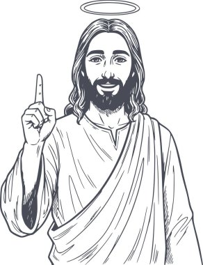 İsa 'nın bir haleyi işaret ettiği siyah ve beyaz el çizimi. Bu vektör, şeffaflık ve şeffaflık için beyaz dolgu içermiyor.