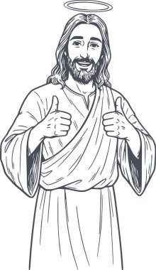 Kara Dolgu İsa 'nın bir haleyle çizilmiş resmi. Kolay kaplama için beyaz dolgu olmadan iki baş parmak işareti veriyor.