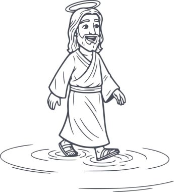 İsa 'nın el çizimi, suyun üzerinde yürüme mucizesini gerçekleştiriyor. Siyah dolgu çizgileri olan sanatsal bir çizim ve beyaz dolgu yok.