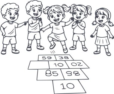 Açık havada siyah dolgulu seksek oynayan çocukların el çizimi tasviri ve kolay arka plan kaldırımı için beyaz dolgu dahil değil