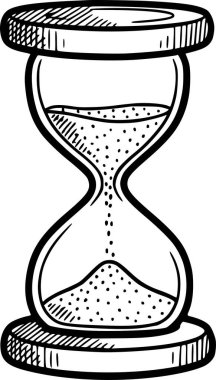 Kum saati çizimi siyah mürekkep çizimi tarzında, akmakta olan kum ve kolay şeffaflık entegrasyonu için beyaz dolgu yok.