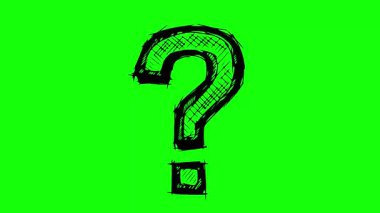 El çizimi siyah doldurma soru işareti animasyonu yeşil ekran krom anahtar arka planı üzerinde çizgi kaynama etkisi ile kolay düzenleme, şüphe ve merak sembolü