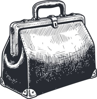 Siyah dolgulu ve profesyonel tıbbi veya klasik tasarımlar için beyaz arka planı olmayan klasik bir deri doktor çantasının çizimi.