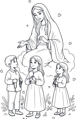 Bulutların üstünde çocuklu bakire Meryem 'in el çizimi tasviri. Beyaz olmayan siyah çizgi sanatı boyama ve dini eğitim için idealdir.