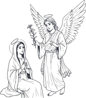 Mary ve Başmelek Gabriel 'in el çizimi çizimi. Üzerinde zambak çiçeği resmi var. Kolayca örtbas etmek için beyaz dolgu yok.