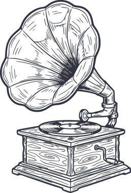 Siyah dolguları ve çok yönlü tasarım için beyaz dolguları olmayan el çizimi bir gramofon gramofonu.