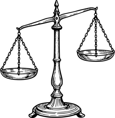 detaylı el çizimi adalet terazisi zinciri ile siyah mürekkep stili eskiz profesyonel yasal ve sembolik tasarım için beyaz dolgu olmadan