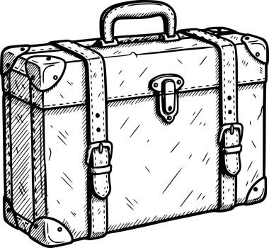 Siyah dolgu çizgileri ve kolay şeffaflık ve tasarım entegrasyonu için beyaz arkaplan doldurma ile el çizimi biçimli klasik seyahat valiz illüstrasyonu