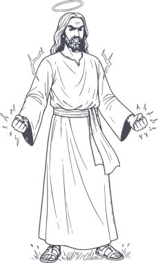 Beyaz arkaplan ya da beyaz dolgu elementleri olmayan koyu mavi dolgulara sahip kızgın bir İsa 'nın ayrıntılı el çizimi.