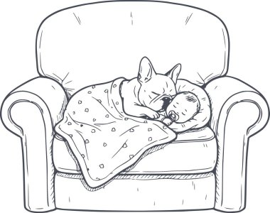 Koyu mavi el çizimi, şirin bir fransız bulldog 'unun koltukta bir bebeğin yanında uyuduğunu gösteriyor. Kolay entegrasyon için beyaz dolguları olmayan yüksek karşıtlık çizgisi sanatı