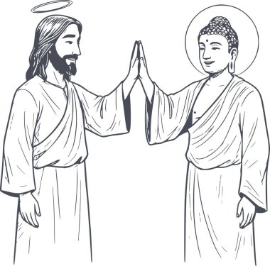 İsa ve Buda 'nın el çizimi siyah dolgu çizgileri ve beyaz dolguları olmayan barış ve birliğin beşlik sembolünü veriyor.
