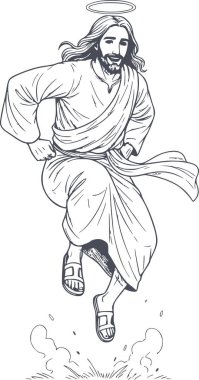 İsa 'nın sevinçten zıplayışının el çizimi. Beyaz dolgu olmadan siyah dolgu. Hıristiyan kutlaması ve dini projeler için mutluluk sembolü