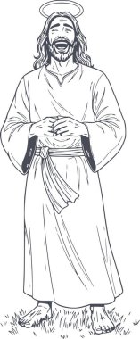 Neşeli İsa Mesih tüm vücuduyla gülüyor. Elle çizilmiş, siyah dolgulu. Ve kolay düzenleme için beyaz dolgular dahil değil.