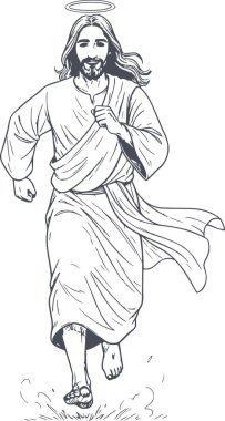 Mutlu İsa eylem illüstrasyonunda siyah dolgu ile koşuyor ve dini tasarım için beyaz elle çizilmiş çizim tarzı yok.