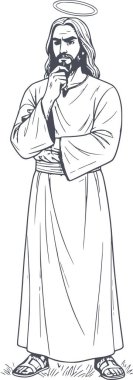 İsa Mesih 'in el çizimi, eli çenesinde düşünceli bir poz. yüksek kaliteli tasarım projeleri için beyaz dolgu olmadan siyah doldurma biçimi