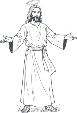 Kutsal bir jestle İsa Mesih 'e hoş geldin diyoruz. Siyah el, çizim stili, dini projeler için beyaz dolgu yok.