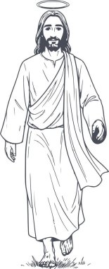 İsa 'nın ileri yürüyüşünün el çizimi tasviri, profesyonel grafik tasarımı için beyaz doldurulmamış siyah dolgu çizgileri ve kolay kaplama