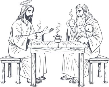 İsa ve Musa 'nın ahşap bir masada oturup kahve içip sohbet edişlerinin el çizimi çizimi. resim sadece kolay şeffaflık ve düzenleme için beyaz dolgu içermeyen koyu mavi dolguları içerir