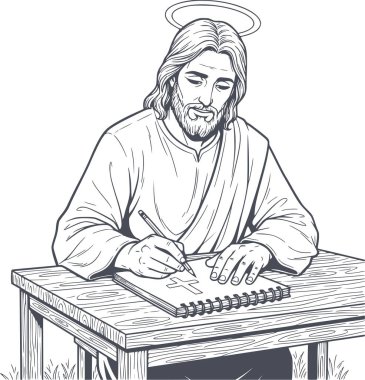 İsa Mesih 'in ahşap bir masada oturup sarmal bir deftere haç çizdiği el çizimi. Koyu mavi dolgu biçimi beyaz dolgu içermiyor