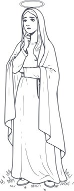 Düşünceli ve düşünceli bir ifadeyle Bakire Meryem 'in el çizimi. Koyu mavi dolgu içeriyor. Dini ve manevi kavramlarda kolay tasarım kullanımı için beyaz dolgular yok.