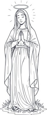 Bir haleyle dua eden Meryem Ana 'nın el çizimi. Kolayca örtüşmesi için beyaz dolguları olmayan koyu mavi mürekkep çizimi