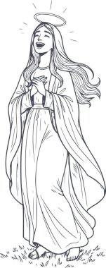 Bakire Meryem 'in el çizimi sesli ve neşeli bir şekilde gülüşü. Koyu mavi dolgu biçimi beyaz arkaplan ya da mutlu bir dini ifade içermeyen beyaz dolgu