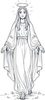 Bakire Meryem 'in el çizimi halesi ve koyu mavi dolgu şeklinde kollar kolay düzenleme ve yüksek kaliteli manevi tasarım için beyaz dolgu olmadan.