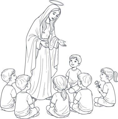 Koyu mavi el, bir grup çocukla Bakire Meryem 'in oturduğu bir resim çizmiş. Dini eğitim ve katolik boyama kitapları için kusursuz beyazı olmayan minimalist çizgi sanatı