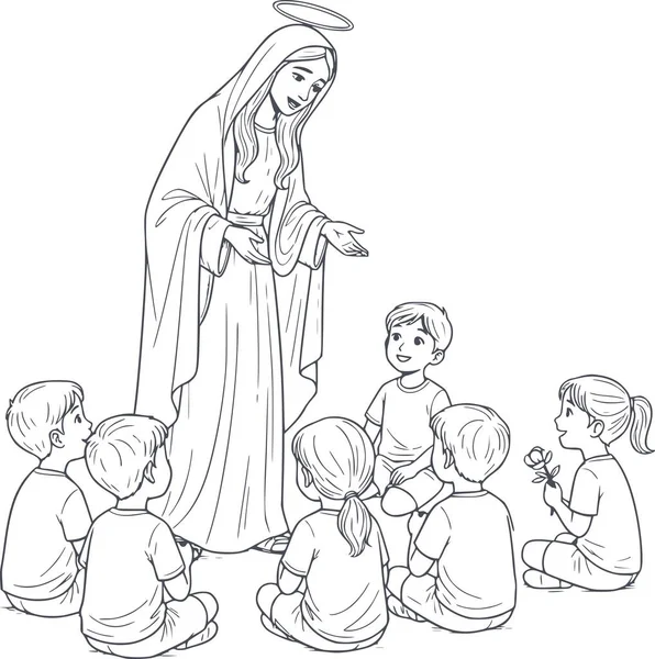 Koyu mavi el, bir grup çocukla Bakire Meryem 'in oturduğu bir resim çizmiş. Dini eğitim ve katolik boyama kitapları için kusursuz beyazı olmayan minimalist çizgi sanatı