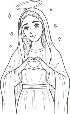 El çizimi Bakire Meryem 'in bir halesi, elleriyle kalp şekli oluşturan bu resim beyaz dolgu içermiyor.