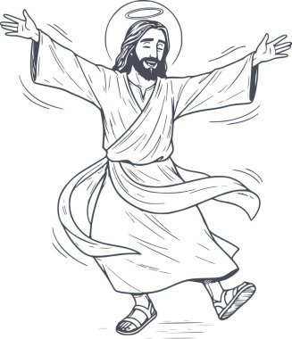 Mutlu İsa 'nın el çizimi tasviri neşe ve açık kollarla dans ederken bu vektör görüntüsü kolay bütünleşme için beyaz dolgu içermiyor