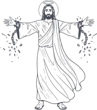 İsa Mesih 'in beyaz olmadan özgürlüğü ve kefareti simgeleyen zincirleri kırmasının el çizimi.