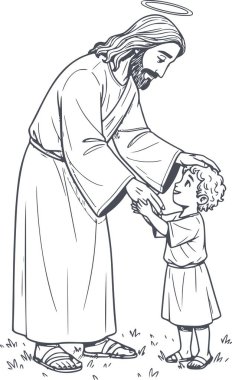 İsa Mesih 'in beyaz dolgu malzemesi olmayan küçük bir çocuğu kutsamasının ve dini veya eğitim projeleri için lacivert dolgu çizgilerinin elle çizilmiş hali.