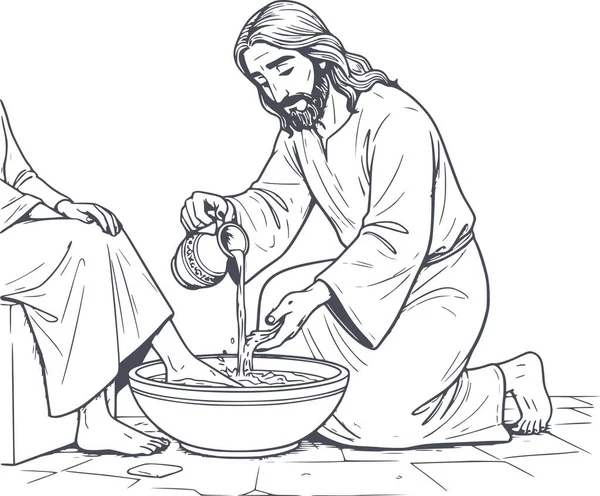 İsa Mesih 'in bembeyaz dolgu olmadan ayaklarını yıkamasının ve dinsel tevazu kavramları için mavi donanmayı doldurmasının el çizimi.