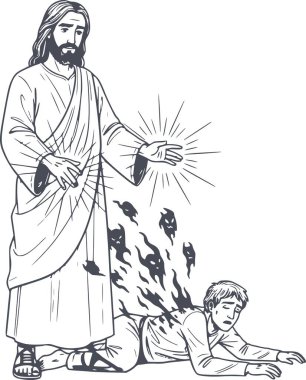 Ruhu ele geçirilmiş bir adamı iyileştiren İsa 'nın profesyonel vektör çizimi ve siyah doldurmalı ve beyaz doldurmayan iblisleri dışarı atmak.