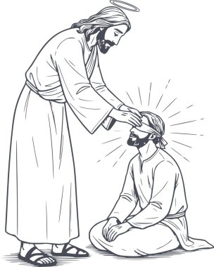 İsa Mesih 'in beyaz dolgusu olmayan bir mucizeyi gerçekleştiren kör bir adamı iyileştirişinin el çizimi tasviri.