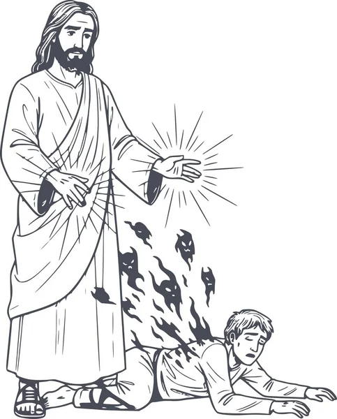Ruhu ele geçirilmiş bir adamı iyileştiren İsa 'nın profesyonel vektör çizimi ve siyah doldurmalı ve beyaz doldurmayan iblisleri dışarı atmak.