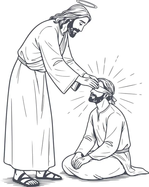 İsa Mesih 'in beyaz dolgusu olmayan bir mucizeyi gerçekleştiren kör bir adamı iyileştirişinin el çizimi tasviri.
