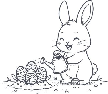 El çizimi Paskalya tavşanı karakteri süslemeli yumurtaları suluyor. Bahçede bir teneke kutuyla. Siyah dolgu stili, çok yönlü kullanım için beyaz dolgu yok.